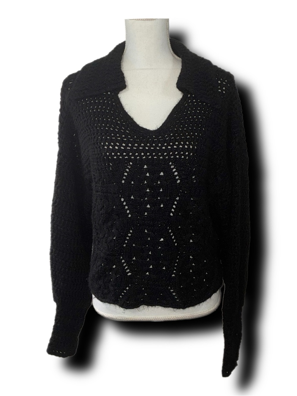 Zara Crochet Polo Sweater Black V-Neck Chunky Open Knit Fall Whimsigoth Vibes